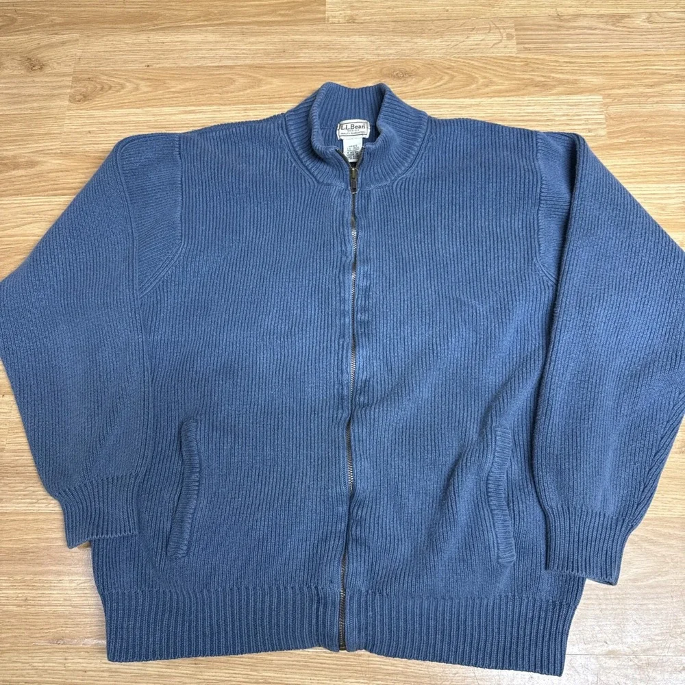 L.L.‎ Bean Men's Size Large-Reg Full Zip Sweater Cardigan Blue  100% Cotton Knit
